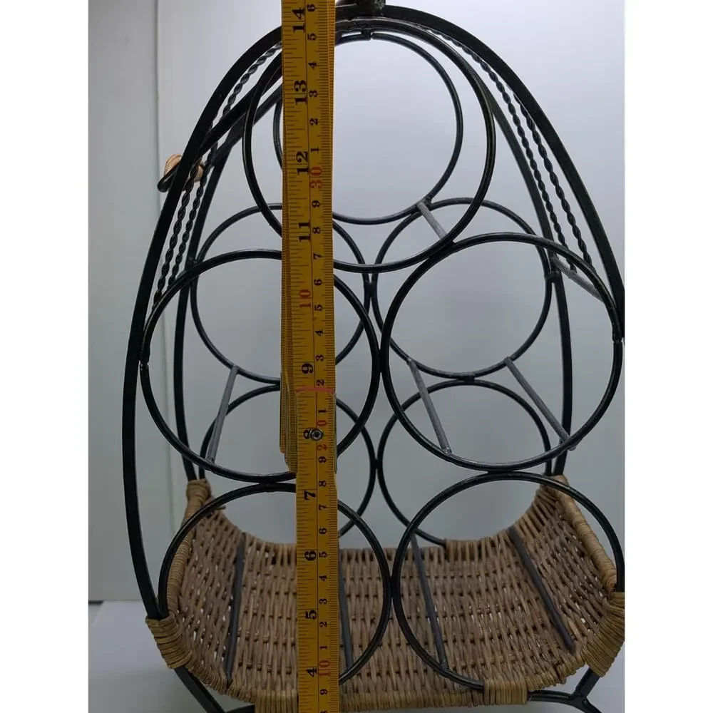 6 Bottle Wine Rack Black Metal Wicker Rattan Countertop Decorative Holder